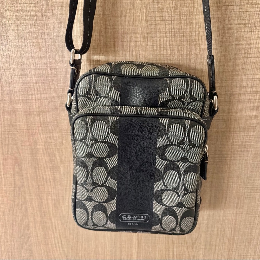 Y2K Coach Heritage Signature Messenger Crossbody Bag Black Gray Canvas Leather